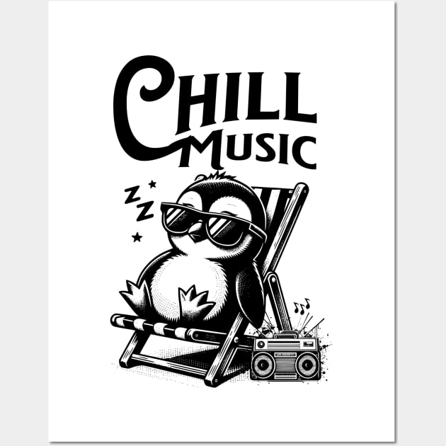 CHILL OUT MUSIC  - Chillax Penguin (black) Wall Art by DISCOTHREADZ 